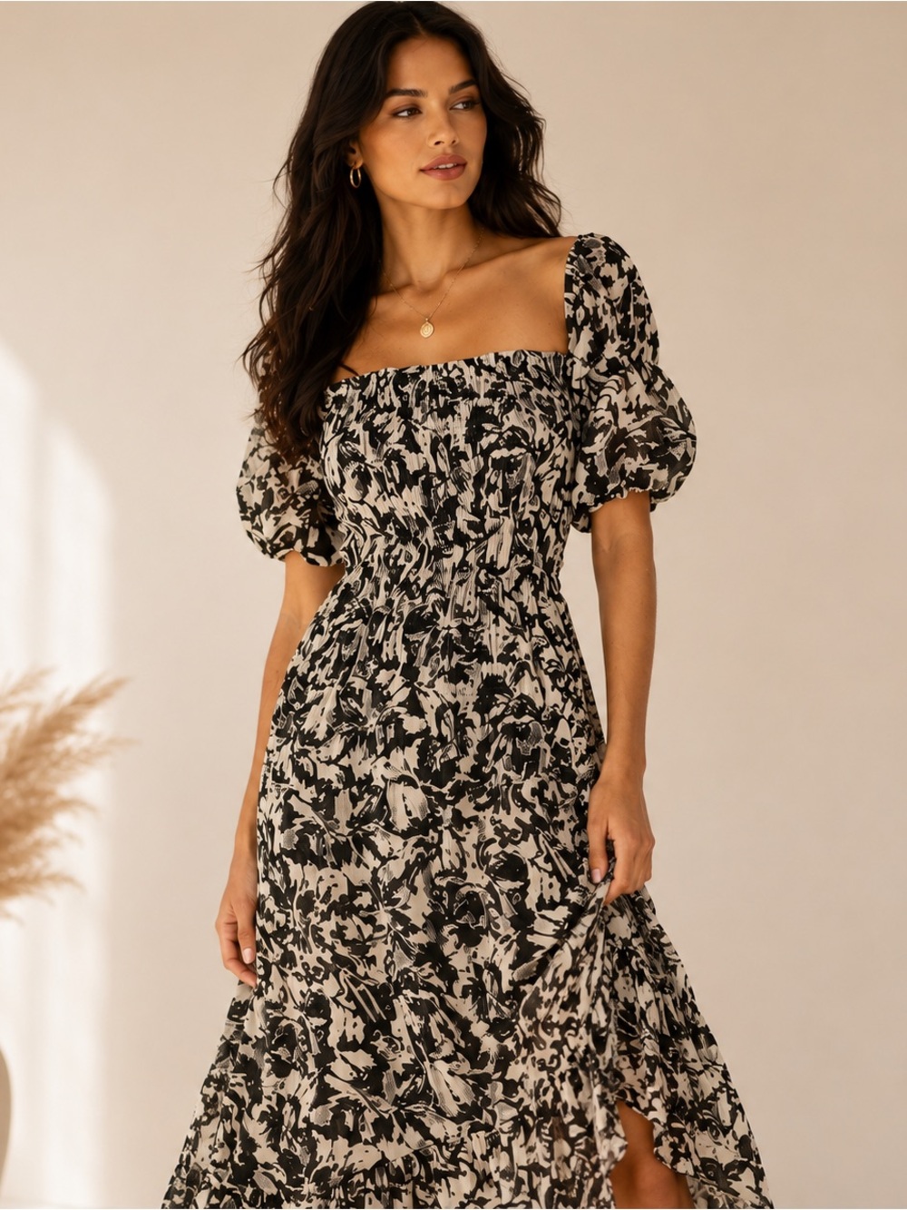 MISA Los Angeles Diya Floral Midi Dress XS Black Ivory Puff Sleeve